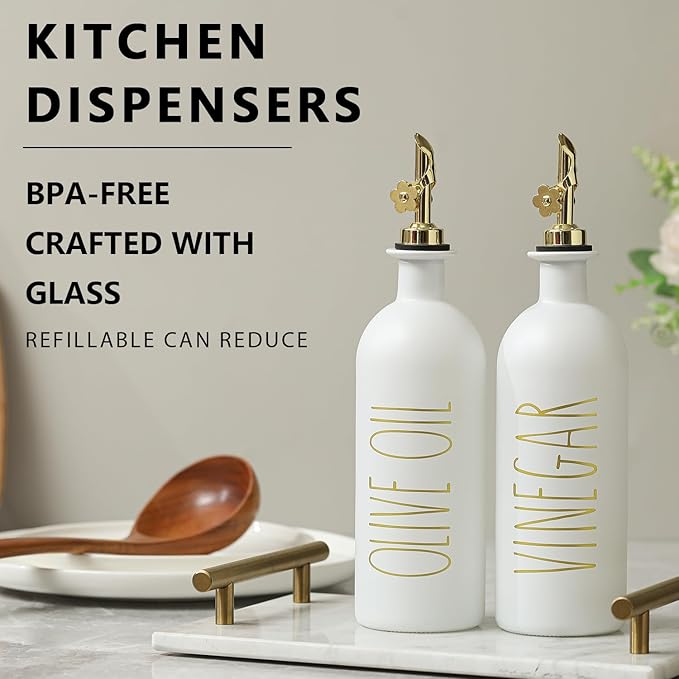 HOMCDALY 16oz Olive Oil Dispenser Bottles for Kitchen, Gold Oil&Vinegar Dispenser Set, Glass Oil Dispenser for Kitchen with Bamboo Tray | Set of 2 (16oz-P-Gold) - Image 2