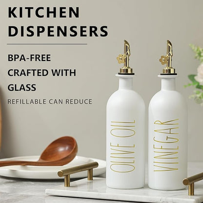 HOMCDALY 16oz Olive Oil Dispenser Bottles for Kitchen, Gold Oil&Vinegar Dispenser Set, Glass Oil Dispenser for Kitchen with Bamboo Tray | Set of 2 (16oz-P-Gold) - Image 2