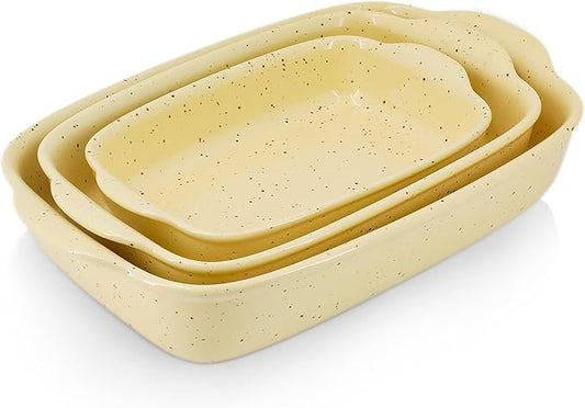 Casserole Dish Set of 3,Lasagna Pan,Ceramic Bakeware for Oven,Rectangular Baking Dishes with Handles,High Heat Resistant,Colorful Speckle Stoneware Series (13.8''/12''/9.6''Yellow) by Krokori