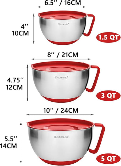 Rorence Mixing Bowls with Lids Set: Stainless Steel Mixing Bowls with Handles, Non-Slip Bottom & Pour Spout - Red, 3 quarts - Image 3
