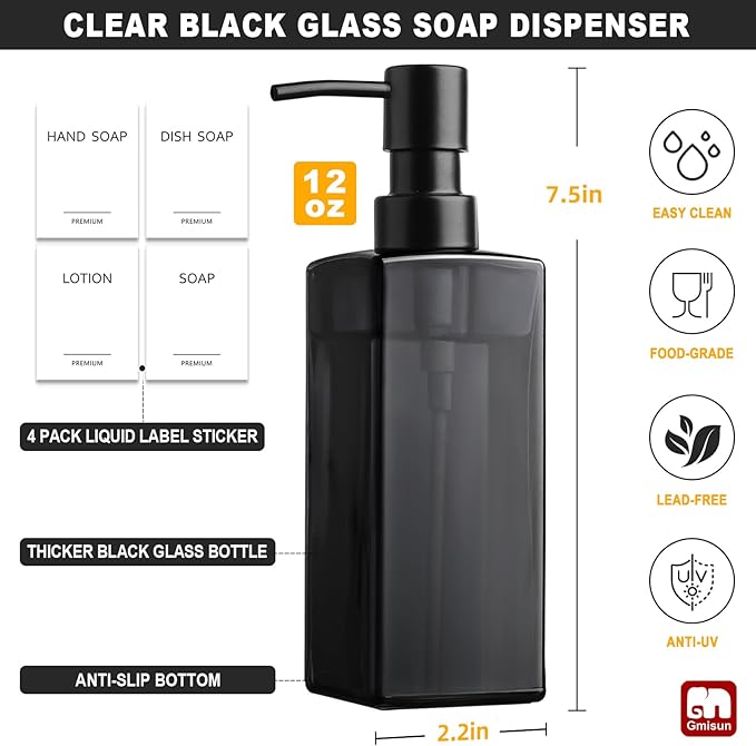 GMISUN Black Glass Soap Dispenser, Hand Soap Dispenser with Stainless Steel Pump for Bathroom, 12 fl oz/350ml Refillable Dish Dispensers for Kitchen, Modern Liquid Lotion Bottles for Countertop - Image 2