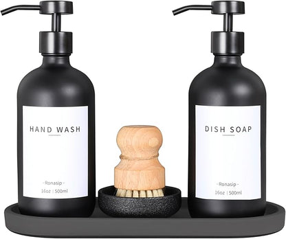 Ronasip Set of 5 Kitchen Soap Dispenser Set 16 Oz Glass Hand Dish Soap Dispenser with Stainless Steel Pump, Cement Tray, Dish Scrub Brush for Farmhouse Rustic Home Bathroom Decor (Black)