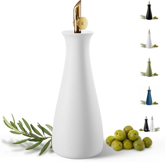 Ceramic Olive Oil Dispenser with Self-Closing Gold Spout - 530 ML Capacity Matte White Ceramic Oil Dispenser for Kitchen - Leak Proof EVOO Dispensing Bottle - Stylish, Ergonomic, Durable, Easy Pour by HBDesignCo