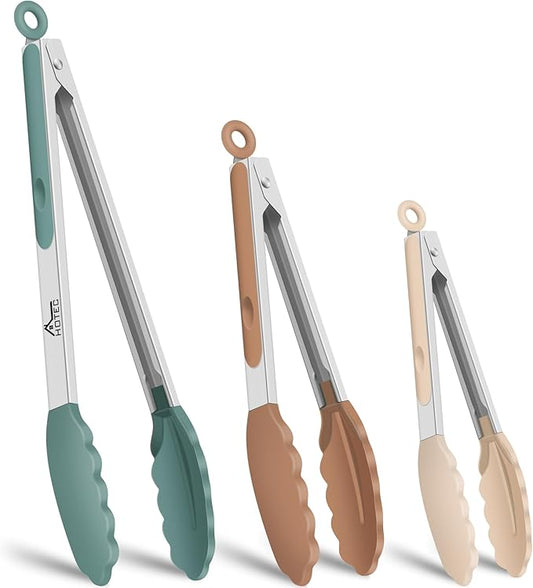 HOTEC Premium Stainless Steel Locking Kitchen Tongs with Silicon Tips, Set of 3-7", 9" and 12" (Neutral Color) by Hotec