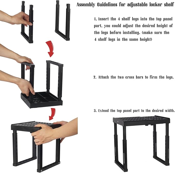 Svartur Locker Shelf Adjustable Height and Width, Locker Organizer for Work, Locker Shelves for School Locker, Stack-able Locker Stand Tools for Gym Locker, Locker Accessories Stuff, Black, Pack of 2