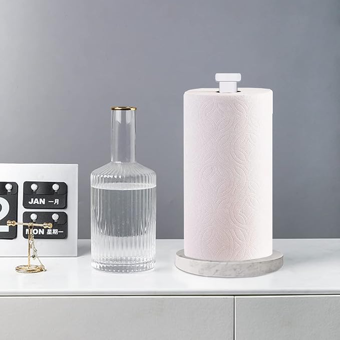Paper Towel Holder Countertop, Standing Paper Towel Roll Holder for Kitchen Bathroom, with Weighted Marble Base for One-Handed Operation (White), White Marble Paper Towel Holder - Image 5