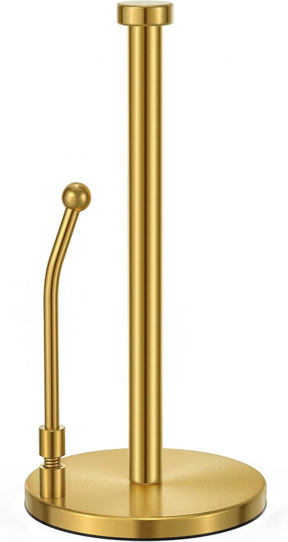 SMARTAKE Paper Towel Holder, Paper Towel Dispenser Standing Weighted Base Non Slip, Spring Arm Fit Most Size Paper Roll, Stainless Steel Kitchen Roll Stand for Home Kitchen Countertop Tabletop, Gold by SMARTAKE