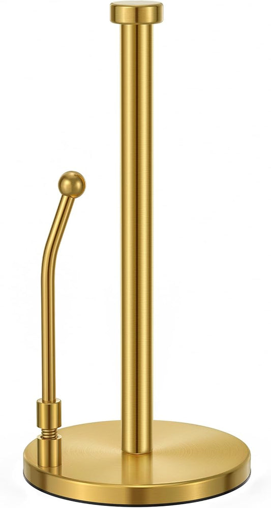 SMARTAKE Paper Towel Holder, Paper Towel Dispenser Standing Weighted Base Non Slip, Spring Arm Fit Most Size Paper Roll, Stainless Steel Kitchen Roll Stand for Home Kitchen Countertop Tabletop, Gold by SMARTAKE