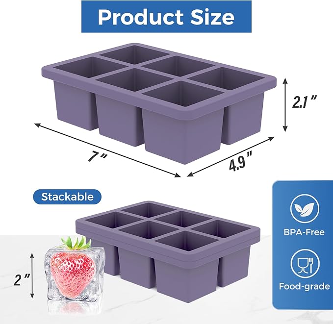 mossime Silicone Ice Cube Tray: 2pack Square Whiskey Large Ice Cube Molds - Old Fashioned Ice Cube Trays with Lid - 2inch Easy Release Big Freezer Mold for Cocktail Food Soup & Juice - Image 7