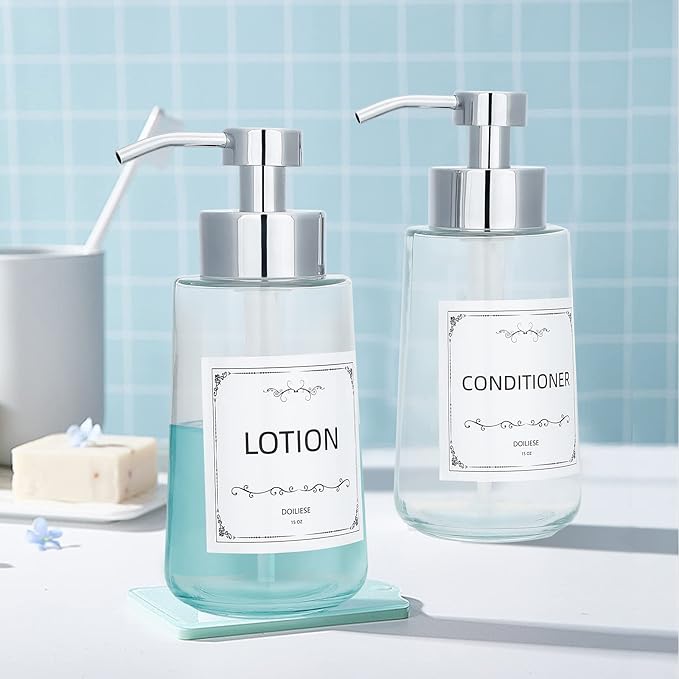 Soap Dispenser, Clear Glass Soap Dispenser with Rust Proof Pump, 16oz Liquid Soap Pump with Waterproof Labels, Dish & Hand Soap for Bathroom, Kitchen, Chrome Pump, Pack of 2 - Image 6