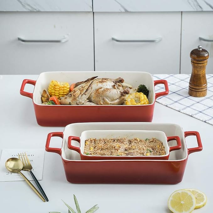 KOOV Bakeware Set, Ceramic Baking Dish, Rectangular Baking Pans Set, Casserole Dish for Cooking, Cake Dinner, Kitchen, Wrapping Upgrade, 12 x 8.5 Inches, 3-Piece (Gradient Red) - Image 4