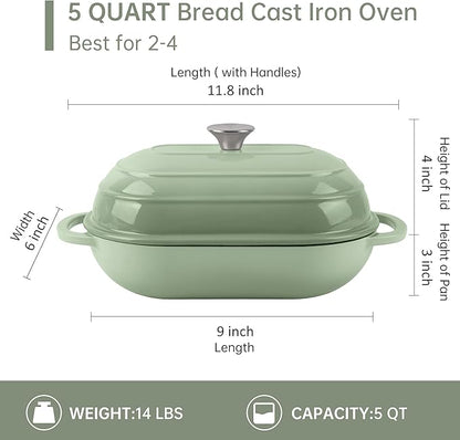 Premium Enameled Cast Iron Dutch Oven for Bread Baking | Non-Stick 5QT Oval Bread Oven with Lid | Perfect for Sourdough, Loaf, and Artisan Baking (Gradient Green, 5 QT)