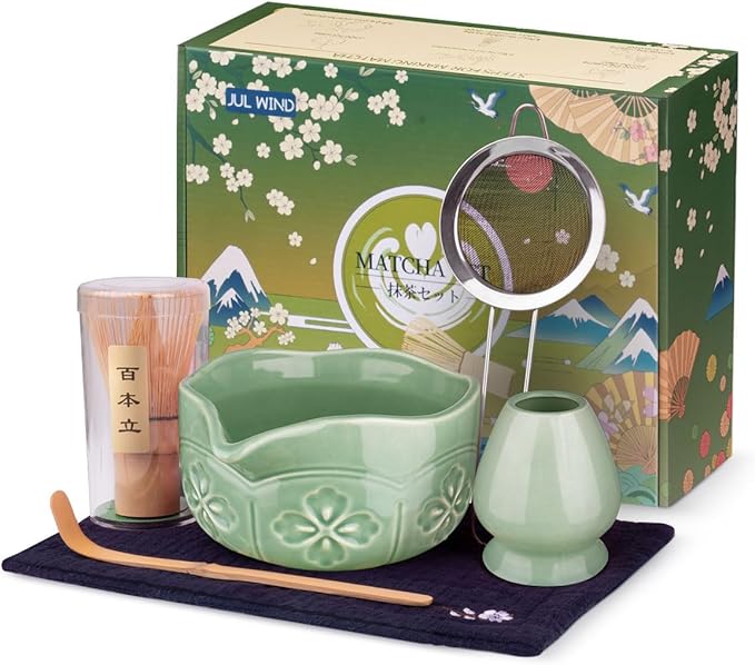 Matcha Whisk Set, Ceramic Matcha Bowl, Bamboo Whisk, Scoop, Sifter, Holder, Tea Towel - 6 Pcs Matcha Kit Gift for Matcha Lovers Beginners (Green) by JULWIND