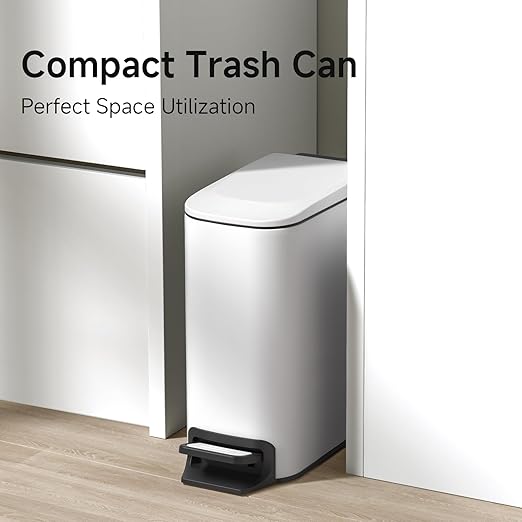 TIPGO Slim Bathroom Trash Can with Lid Soft Close, Step Pedal, 6 Liter / 1.6 Gallon Stainless Steel Trash Bin, Small Garbage Cans for Bedroom, Office, Kitchen (White) - Image 2