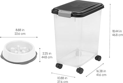 IRIS USA Airtight Dog Food Storage Container with 2-Cup Scoop and Slow Feeder Bowl Combo, Up to 30 lbs Pet Food Bin with Attachable Wheels, Anti-Slip Short Snouted Bowl, Easy to Clean, BPA Free, Black - Image 3