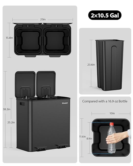 Lovewind Trash Can, 2 x 10.5 Gallon (2 x 40 L) Garbage Can for Kitchen Dual Compartment Recycling Kitchen Step Trash Bin, Stainless Steel Trash and Recycle Bin Combo with Soft-Close Lid, Black - Image 8