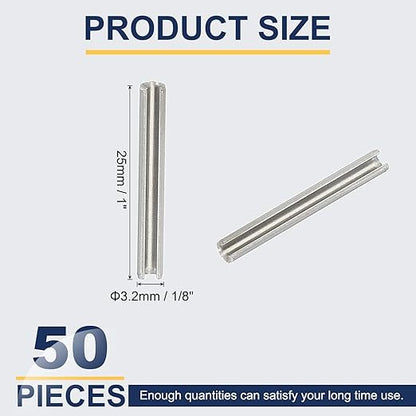 PATIKIL Slotted Spring Pin, 50 Pcs 1/8" x 1" (3.2mm x 25mm) 304 Stainless Steel Split Roll Pins Spring Dowel for Home Improvement Automotive Machine Repair, Silver