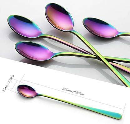 IQCWOOD Rainbow Long Handle Iced Tea Spoons, 9-Inch Ice Cream Coffee Stirring Spoons, Set of 4