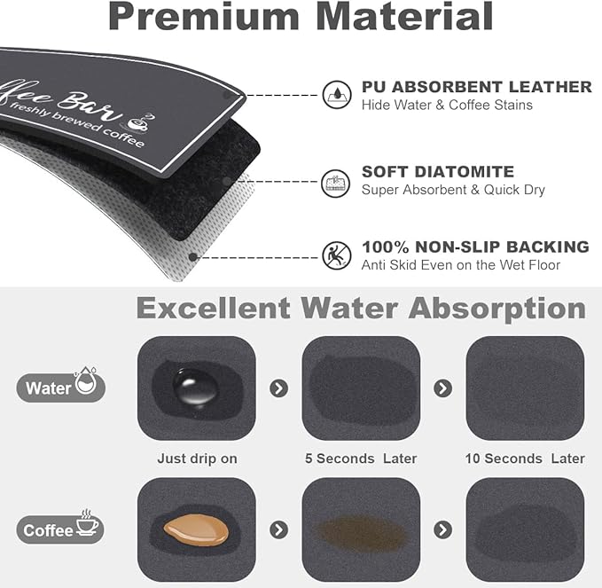 Findosom Dish Drying Mat, 16"x 24" Super Absorbent & Hide Stain Coffee Mat, Cuttable Drying Mat for Kitchen Counter, Coffee Bar Accessories, Under Dish Rack, Coffee Maker, Espresso Machine, DarkGrey - Image 6