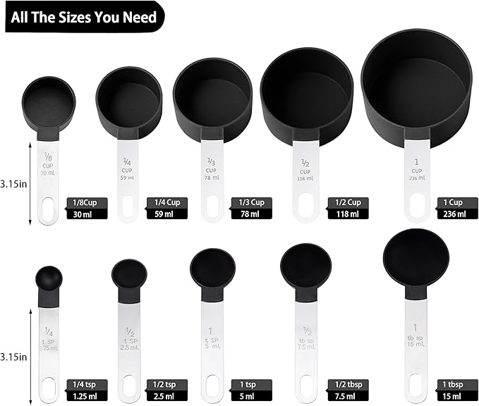 Measuring Cups and Spoons Set of Huygens Kitchen Gadgets 10 Pieces, Stackable Stainless Steel Handle Measuring Cups for Measuring Dry and Liquid Ingredient (Black) - Image 2