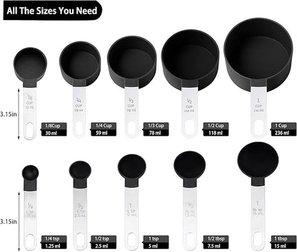 Measuring Cups and Spoons Set of Huygens Kitchen Gadgets 10 Pieces, Stackable Stainless Steel Handle Measuring Cups for Measuring Dry and Liquid Ingredient (Black) - Image 2