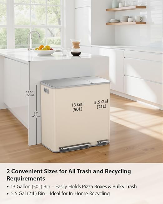 Lovewind Double Trash Can Kitchen, 13+5.5 Gallon Stainless Steel Dual Trash and Recycle Bin Combo with Silent Close Lid, Heavy-Duty Foot Pedal, Easy to Clean Garbage Can for Large Families, Apricot
