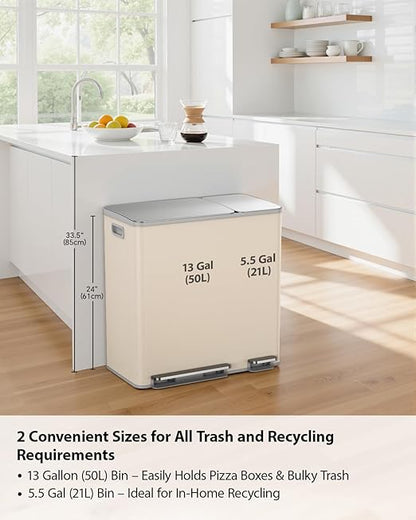 Lovewind Double Trash Can Kitchen, 13+5.5 Gallon Stainless Steel Dual Trash and Recycle Bin Combo with Silent Close Lid, Heavy-Duty Foot Pedal, Easy to Clean Garbage Can for Large Families, Apricot