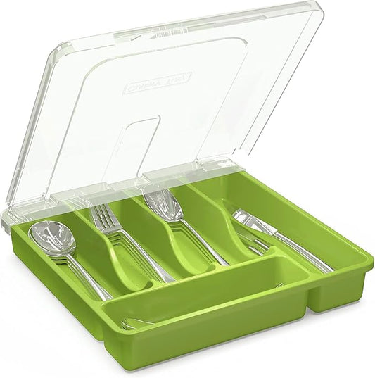 Utensil Holder for Countertop with Lid, Plastic Silverware Tray for Drawer (Green)
