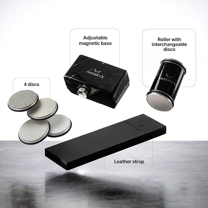 Premium Rolling Knife Sharpener Kit with Adjustable 10°–30° Angle, 4 Disc System (Diamond 400/800, Whetstone 3000, Ceramic 8000) & Leather Strop – Professional Kitchen Knife Sharpener Tool