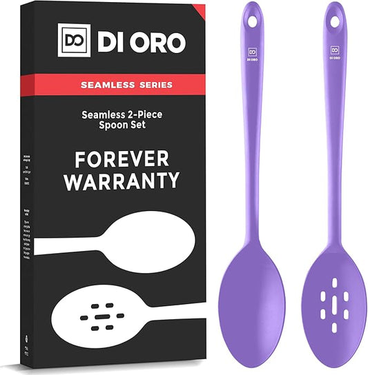 DI ORO Silicone Spoons for Cooking - Large Kitchen Spoons for Mixing, Serving & Stirring - 600°F Heat-Resistant Non Stick Utensils – Big Solid & Slotted Basting Spoon - Dishwasher Safe (2pc, Lavender) by DIORO