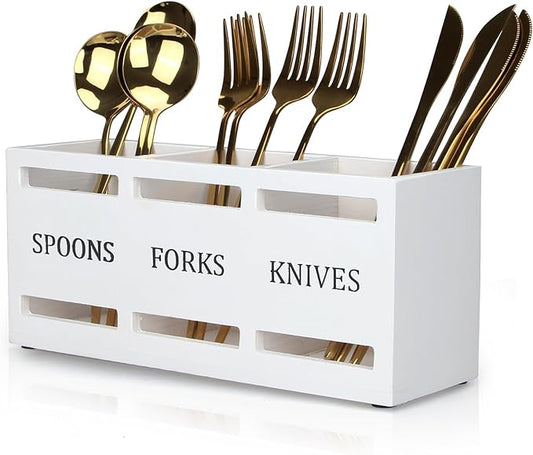 Wooden Silverware Cutlery Holder White Flatware Caddy Small Kitchen Utensil Holders for Party Wood Silverware Organizer Storage for Table Countertop Spoon and Fork Holder Utensils Caddy Basket by Ayiaren