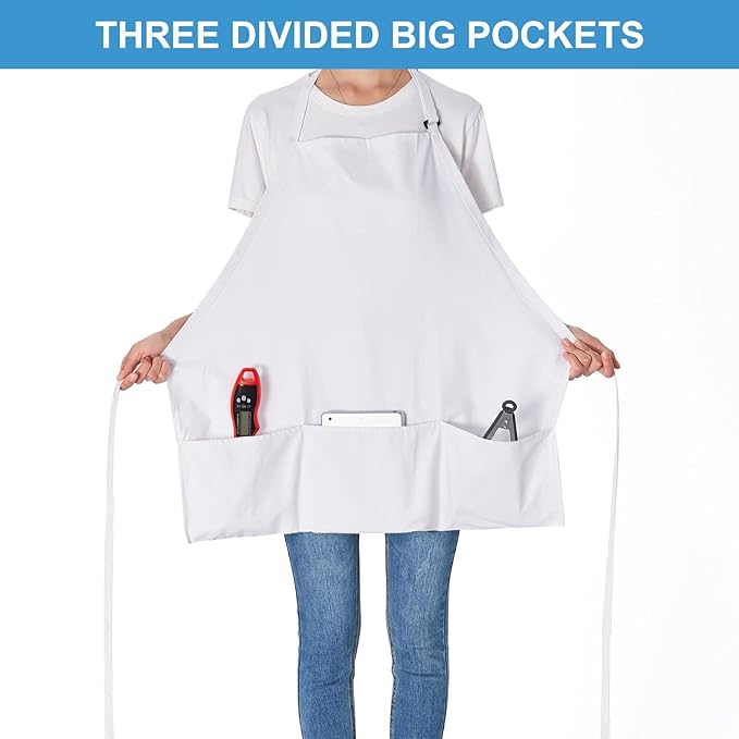 Jubatus 2 Pack 3 Pockets 100% Cotton Adjustable Bib Apron Chef Kitchen Cooking Aprons for Women Men, White - Image 2