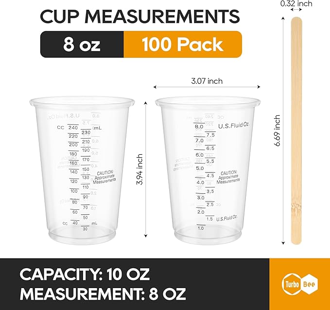 Turbo Bee Plastic Measuring Cups 8OZ,100 PACK Disposable Mixing Cups with 100 Mixing Sticks,Paint Graduated Measuring Tumblers for Epoxy Resin, Paint Mixing, Art DIY - Image 3