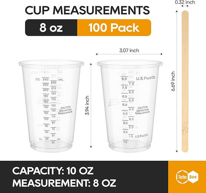 Turbo Bee Plastic Measuring Cups 8OZ,100 PACK Disposable Mixing Cups with 100 Mixing Sticks,Paint Graduated Measuring Tumblers for Epoxy Resin, Paint Mixing, Art DIY - Image 3
