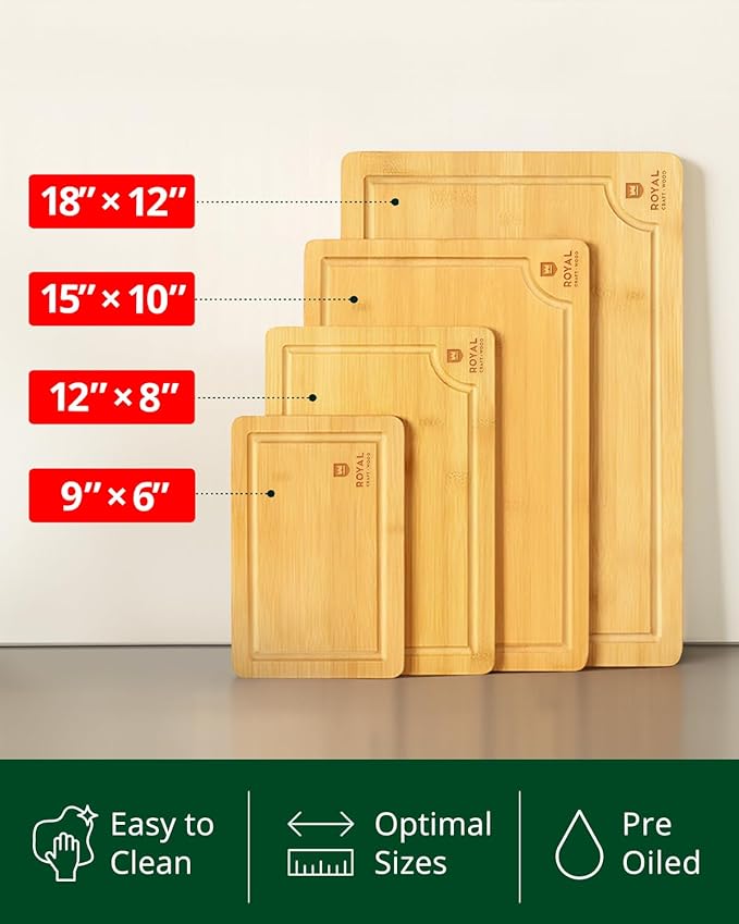 ROYAL CRAFT WOOD Wooden Cutting Boards for Kitchen Meal Prep & Serving - Bamboo Wood Serving Board Set with Deep Juice Groove Side Handles - Charcuterie & Chopping Butcher Block for Meat - Image 4