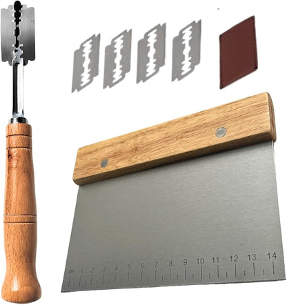Basic Multi-Purpose Stainless Steel Scraper/Pizza Cutter/Spice Cutter/Premium Bread Knife/Dough Scoring Knife/Baking Accessories/Wooden Handle Contour Handle, 6 Inch, Natural Wood Color