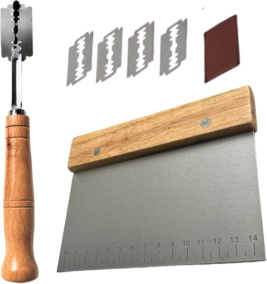 Basic Multi-Purpose Stainless Steel Scraper/Pizza Cutter/Spice Cutter/Premium Bread Knife/Dough Scoring Knife/Baking Accessories/Wooden Handle Contour Handle, 6 Inch, Natural Wood Color
