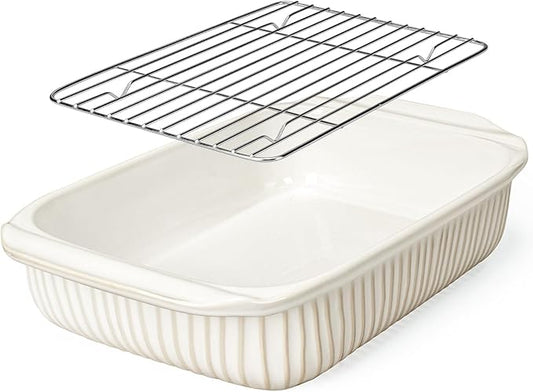 Artena Baking Dish 5.1 Quarts, Casserole Dishes For Oven, Baking Pan With Handles, Lasagna Pan Deep, Large Casserole Dish, Rectangular White Ceramic Bakeware (Baking Dish With Rack) by Artena