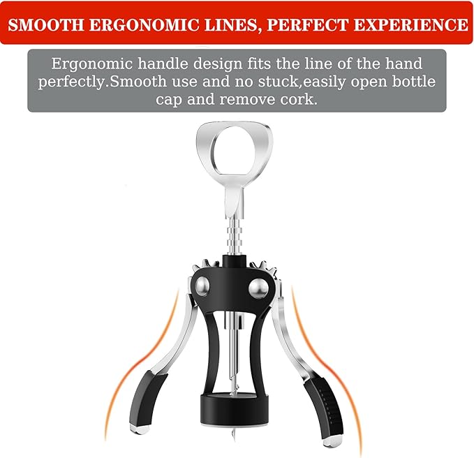 KORCCI Wine Opener, Heavy-Duty Zinc Alloy Wing Corkscrew, Premium Beer Bottle Opener, Multifunctional Wine Accessories with Ergonomic Handle and Sharp Screw, for Kitchen, Bar, Restaurant (BLACK) - Image 5