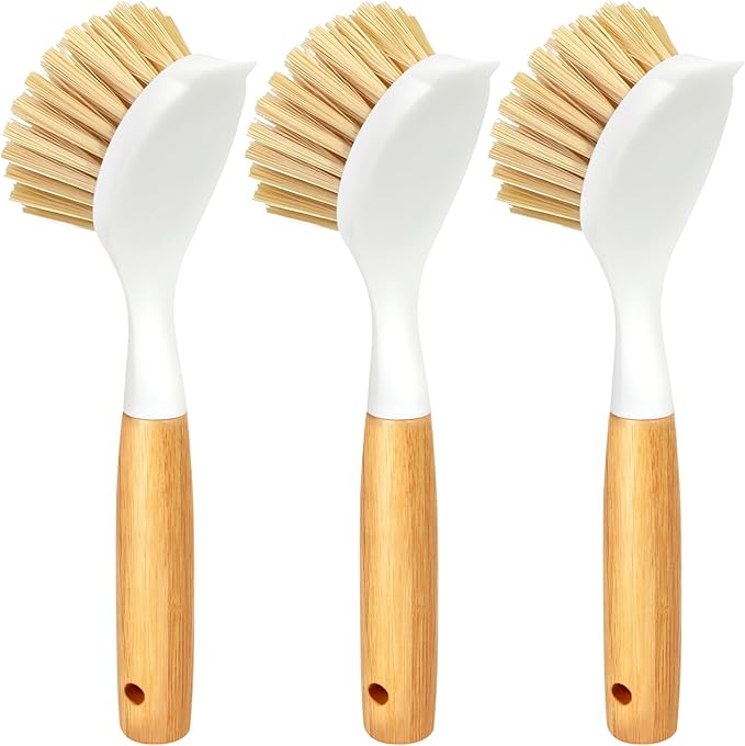 Holikme 3 Pack Dish Brush Set with Bamboo Handle, Kitchen Cleaner for Cleaning Pot, Pan, Sink and Stove, Scrubber with Medium Bristles, Yellow by Holikme