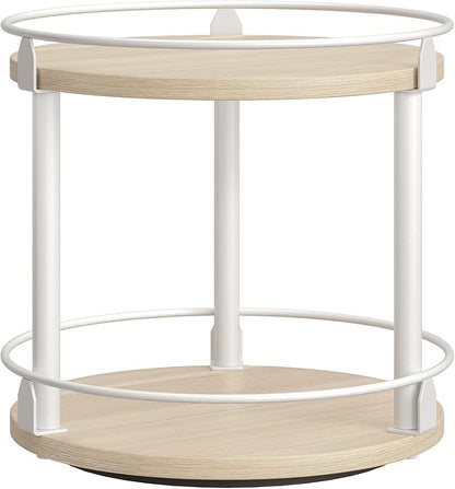 YATINEY Lazy Susan Organizer, Rotating Spice Rack, 2 Tier Spice Turntable Organizer, Industrial Turntable Spice Holder, for Kitchen Countertop, Compact and Versatile, White and Light Oak SR22WG by Yatiney