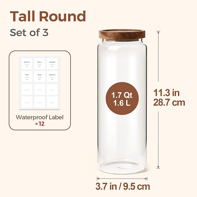 ComSaf 3Pcs (1.7Qt) Airtight Glass Pasta Storage Containers with Acacia Wood Lids, Tall Pantry Storage Container for Organizing Spaghetti and Pasta, Thick Glass Spaghetti Container with Pasta Labels - Image 3