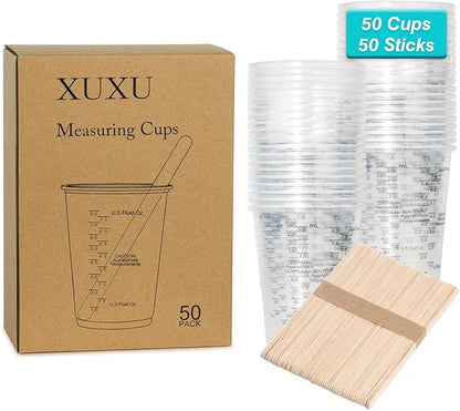 XUXU 50pcs 8oz Graduated Clear Plastic Measuring Cups with Wooden Stirring Sticks for Mixing Paint, Pigments, Epoxy Resins, Resins - Image 7