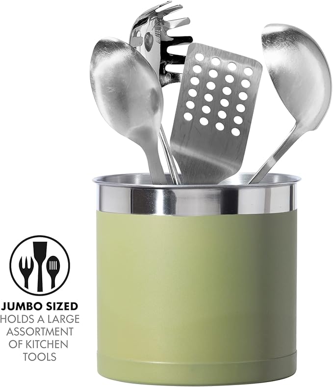 Oggi Stainless Steel Jumbo Utensil Holder - 7" Utensil Caddy, Weighted Base for Stability - Extra Large Utensil Crock and Countertop Utensil Organizer, Olive - Image 3