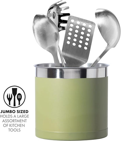 Oggi Stainless Steel Jumbo Utensil Holder - 7" Utensil Caddy, Weighted Base for Stability - Extra Large Utensil Crock and Countertop Utensil Organizer, Olive - Image 3