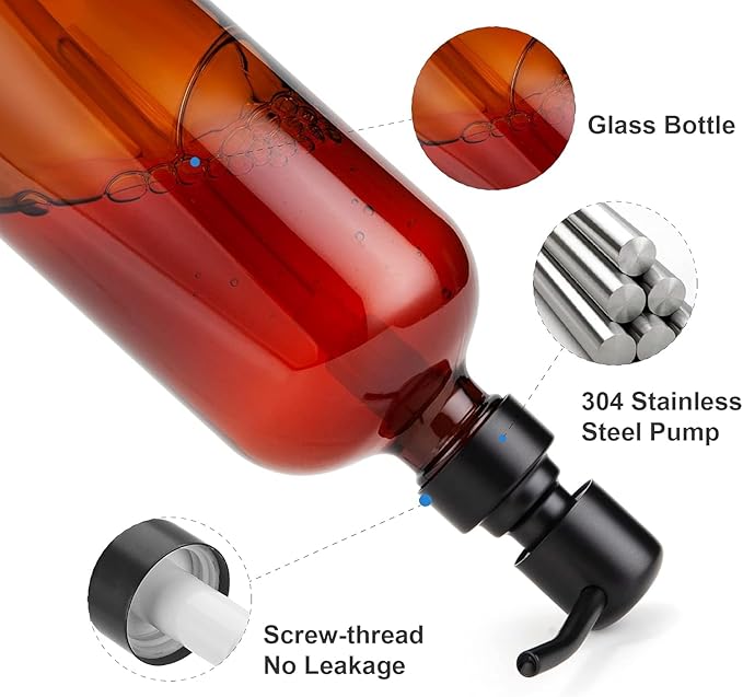 AmazerBath Amber Glass Soap Dispenser, 2 Pack Soap Dispenser Set with Stainless Steel Pump, Vintage Liquid Brown Soap Dispensers Bottle, 17 Oz Dish Soap and Hand Soap Dispensers for Bathroom Kitchen - Image 4