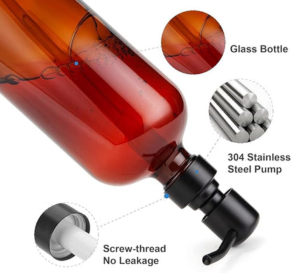 AmazerBath Amber Glass Soap Dispenser, 2 Pack Soap Dispenser Set with Stainless Steel Pump, Vintage Liquid Brown Soap Dispensers Bottle, 17 Oz Dish Soap and Hand Soap Dispensers for Bathroom Kitchen - Image 4
