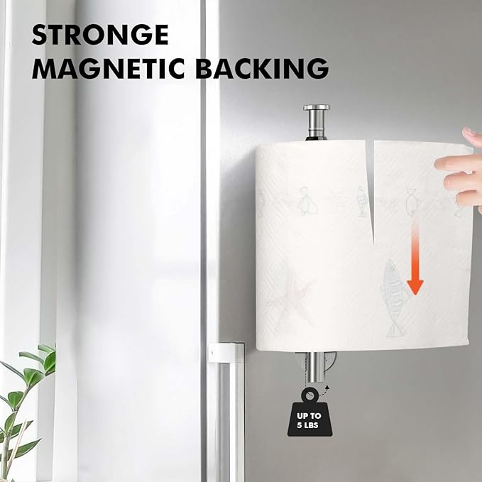 KIHOGEM Magnetic Paper Towel Holder, One Hand Operable Paper Towel Holder Wall Mount with Strong Magnetic Backing and Self-Adhesive for Kitchen Refrigerator RVs Grill Garage(Silver) - Image 2