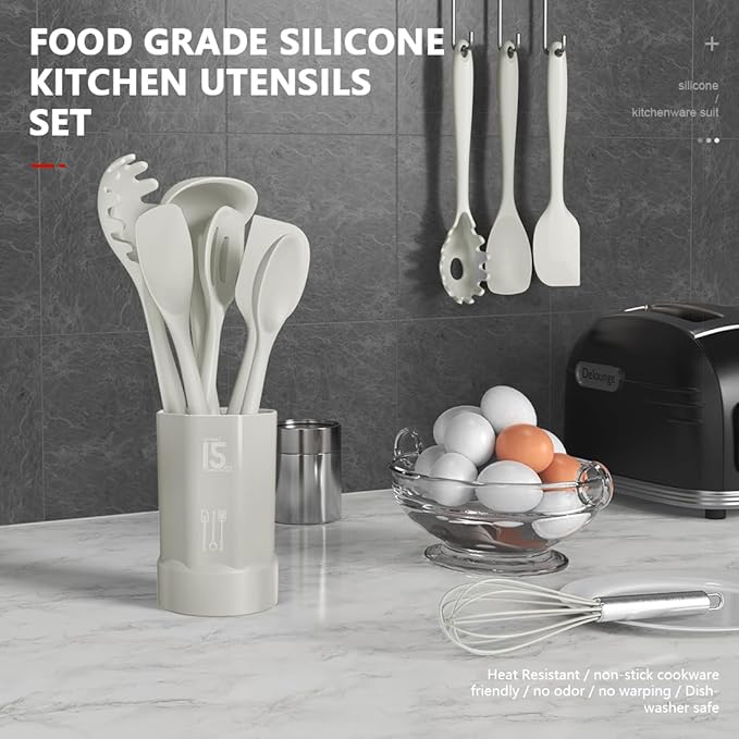 AOTHOD Silicone Cooking Utensils Set - 446°F Heat Resistant Silicone Kitchen Utensils,Spatula,Spoon, Kitchen Utensil Sets Gadgets Tools Set for Nonstick Cookware,Dishwasher Safe Bpa Free (Cream White) - Image 2