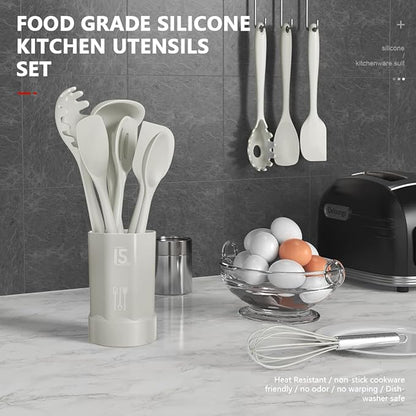 AOTHOD Silicone Cooking Utensils Set - 446°F Heat Resistant Silicone Kitchen Utensils,Spatula,Spoon, Kitchen Utensil Sets Gadgets Tools Set for Nonstick Cookware,Dishwasher Safe Bpa Free (Cream White) - Image 2